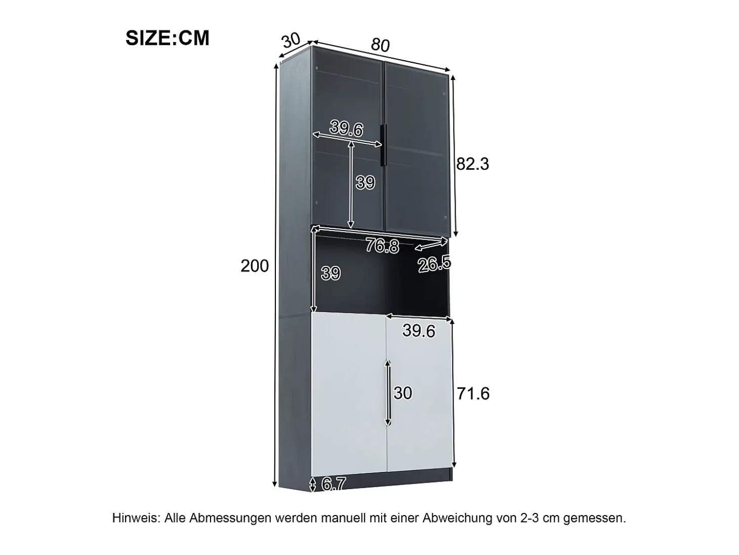 Vitrine com 8 portas - 160 x 30 x 200 cm - LEDs - Aglomerado e vidro - Branco