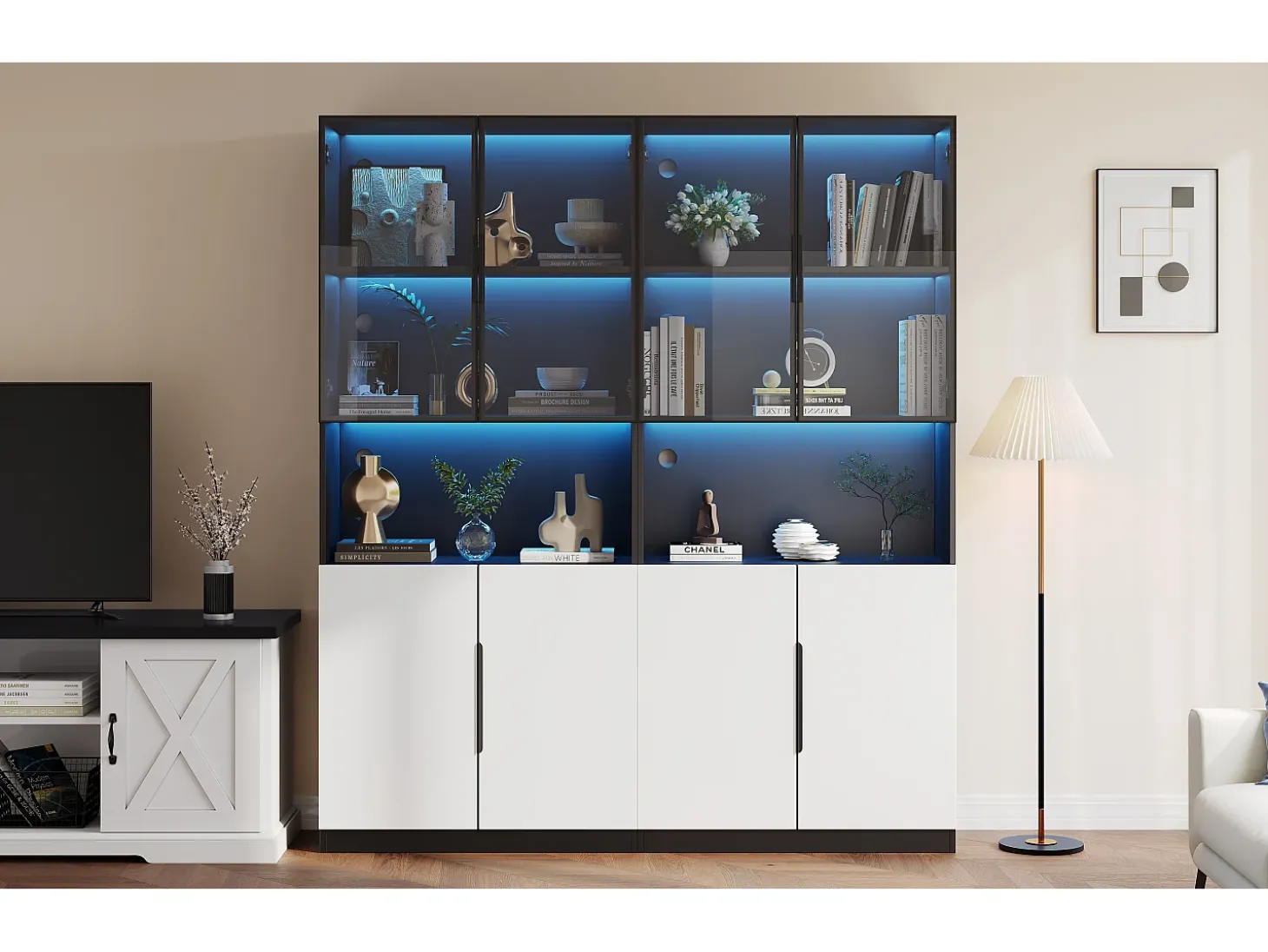 Vitrine com 8 portas - 160 x 30 x 200 cm - LEDs - Aglomerado e vidro - Branco