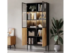 Vitrine com 2 portas de vidro e 2 portas de madeira, corpo em preto e natural, LED incluído - 80x35x180cm