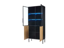 Vitrine com 2 portas de vidro e 2 portas de madeira, corpo em preto e natural, LED incluído - 80x35x180cm