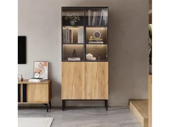 Vitrine com 2 portas de vidro e 2 portas de madeira, corpo em preto e natural, LED incluído - 80x35x180cm