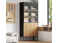 Vitrine com 2 portas de vidro e 2 portas de madeira, corpo em preto e natural, LED incluído - 80x35x180cm