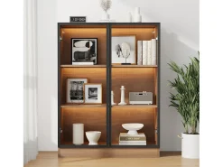 Vitrine com 2 portas de vidro - 80 x 32 x 106 cm - com 3 prateleiras + LEDs - aglomerado + vidro - Nogueira