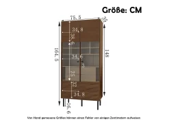 Vitrine com 2 portas de vidro e 4 gavetas - Cor madeira escura
