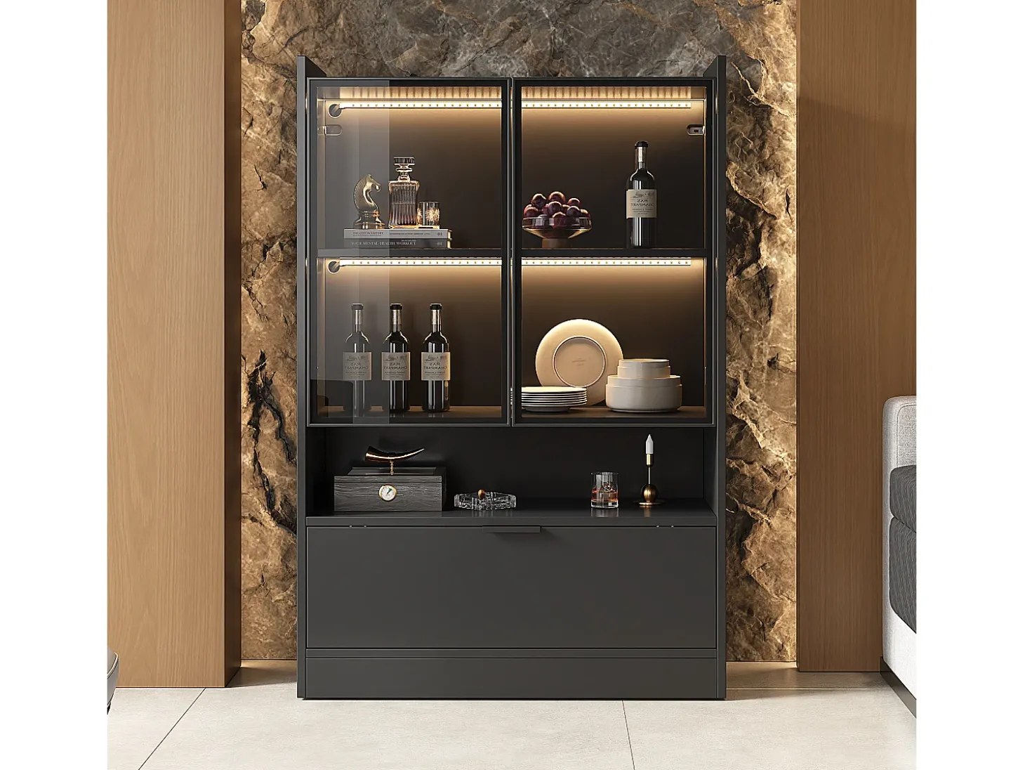 Vitrine com 3 portas e 1 compartimento - 80 x 35 x 120 cm - LEDs - Aglomerado e vidro - Preto