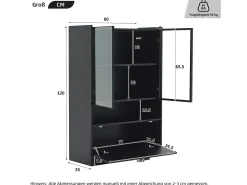 Vitrine com 3 portas e 1 compartimento - 80 x 35 x 120 cm - LEDs - Aglomerado e vidro - Preto