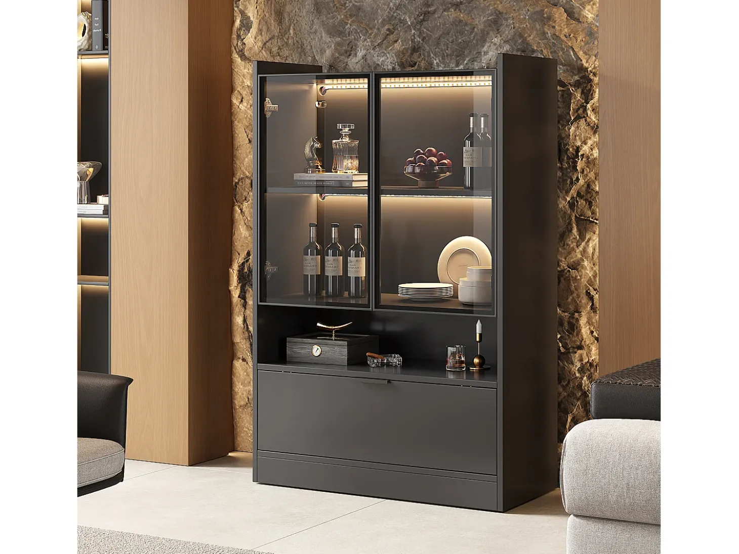Vitrine com 3 portas e 1 compartimento - 80 x 35 x 120 cm - LEDs - Aglomerado e vidro - Preto