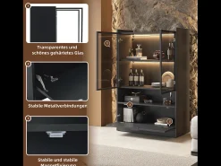 Vitrine com 3 portas e 1 compartimento - 80 x 35 x 120 cm - LEDs - Aglomerado e vidro - Preto
