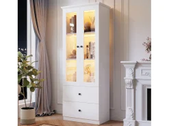 Vitrine com 2 portas e 2 gavetas - 60 x 36 x 165 cm - LEDs - Prateleiras reguláveis - Aglomerado + MDF - Branco