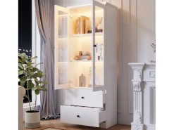 Vitrine com 2 portas e 2 gavetas - 60 x 36 x 165 cm - LEDs - Prateleiras reguláveis - Aglomerado + MDF - Branco