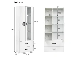 Vitrine com 2 portas e 2 gavetas e LED - Altura 180cm - Branco