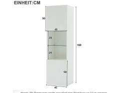 Vitrine com 2 portas e 1 prateleira de vidro - 45 x 35 x 160 cm - LEDs - Aglomerado - Branco brilhante