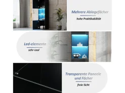 Vitrine com 2 portas e 1 prateleira de vidro - 45 x 35 x 160 cm - LEDs - Aglomerado - Preto brilhante