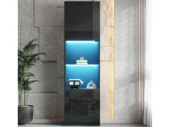 Vitrine com 2 portas e 1 prateleira de vidro - 45 x 35 x 160 cm - LEDs - Aglomerado - Preto brilhante