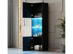 Vitrine com 2 portas e 1 prateleira de vidro - 45 x 35 x 160 cm - LEDs - Aglomerado - Preto brilhante