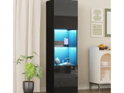 Vitrine com 2 portas e 1 prateleira de vidro - 45 x 35 x 160 cm - LEDs - Aglomerado - Preto brilhante