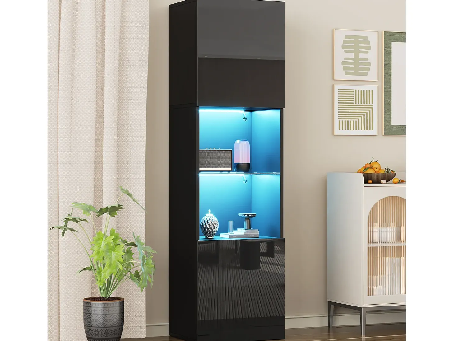 Vitrine com 2 portas e 1 prateleira de vidro - 45 x 35 x 160 cm - LEDs - Aglomerado - Preto brilhante