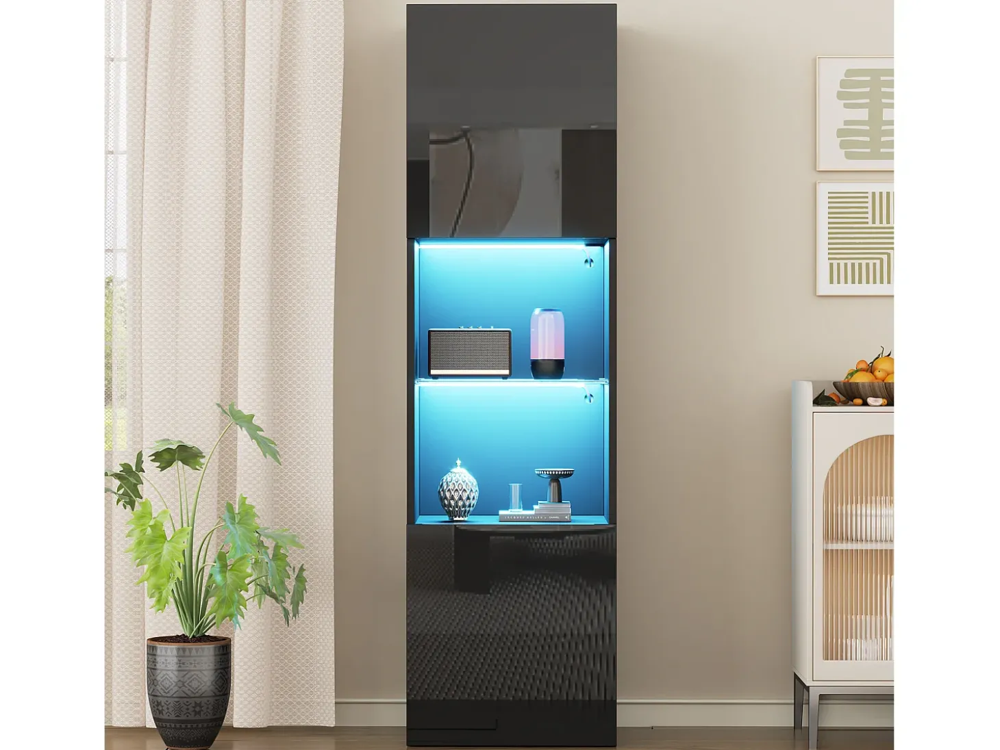 Vitrine com 2 portas e 1 prateleira de vidro - 45 x 35 x 160 cm - LEDs - Aglomerado - Preto brilhante