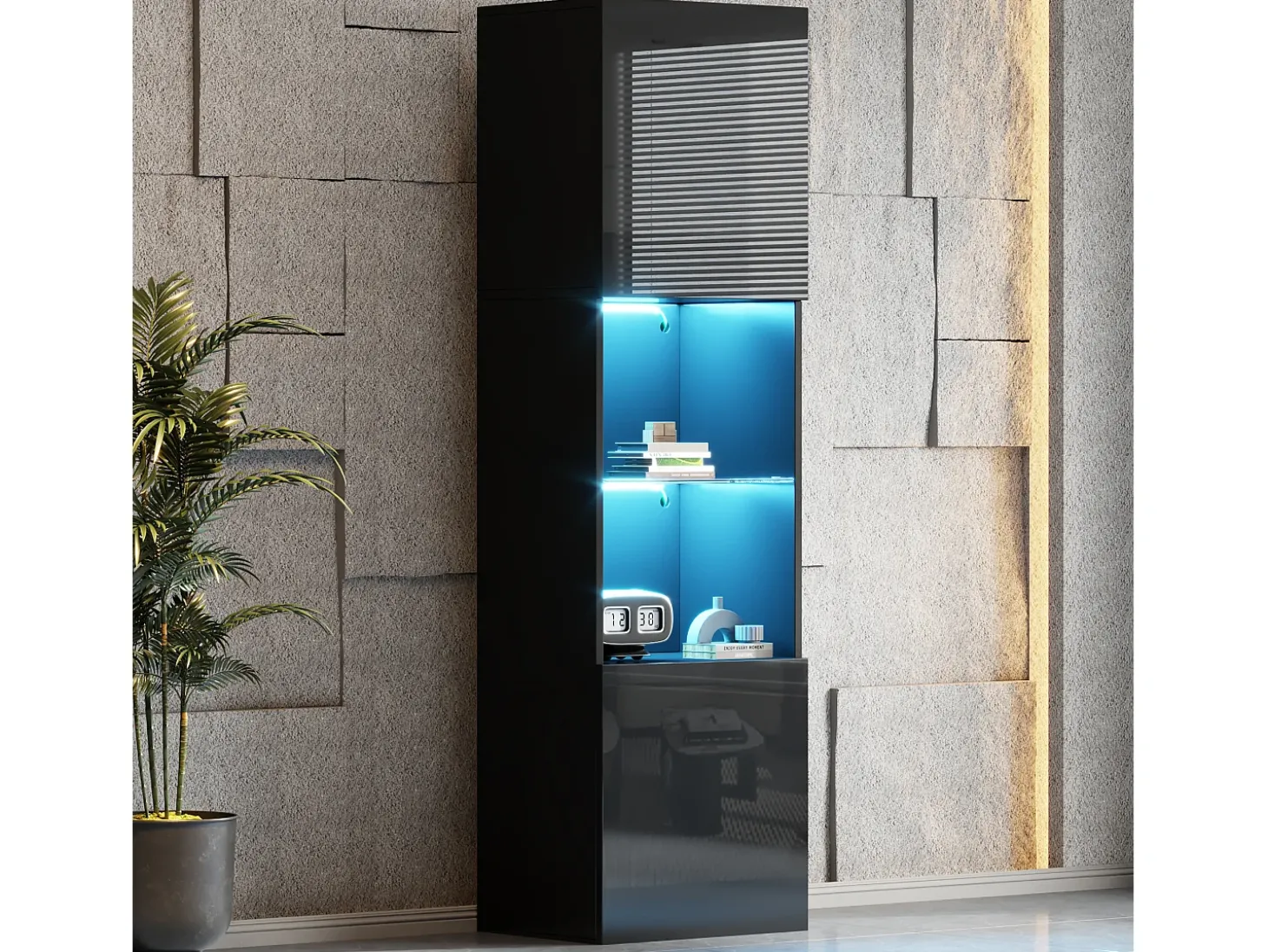 Vitrine com 2 portas e 1 prateleira de vidro - 45 x 35 x 160 cm - LEDs - Aglomerado - Preto brilhante