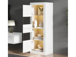 Vitrine com 2 portas e prateleiras de vidro, corpo lacado branco, LED incluído - 61x42x162cm