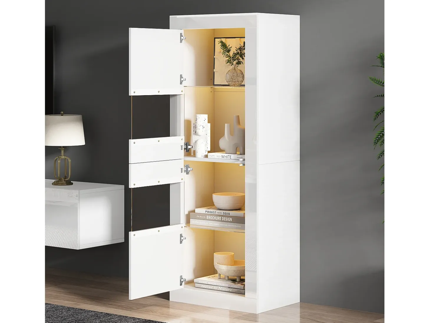 Vitrine com 2 portas e prateleiras de vidro, corpo lacado branco, LED incluído - 61x42x162cm