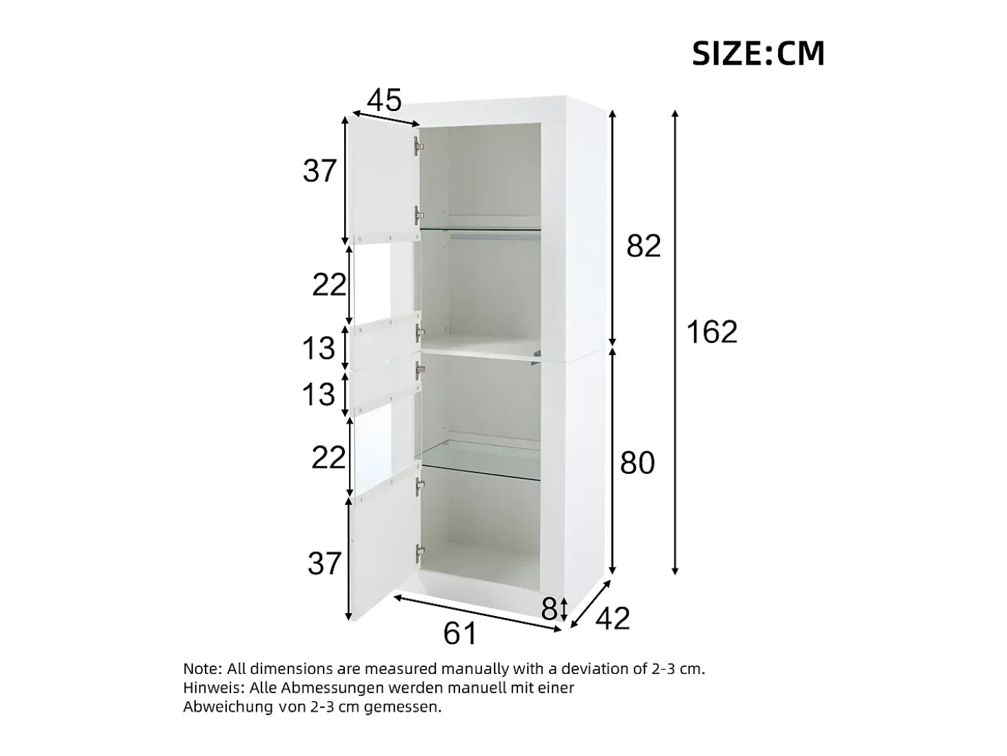 Vitrine com 2 portas e prateleiras de vidro, corpo lacado branco, LED incluído - 61x42x162cm