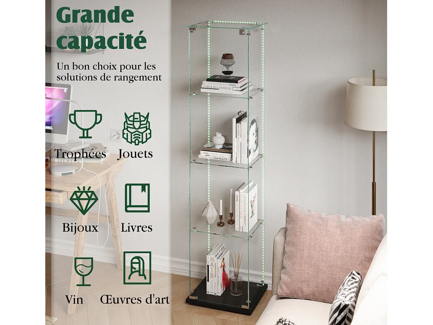 Vitrine com 5 prateleiras e portas duplas, vitrine para sala de estar