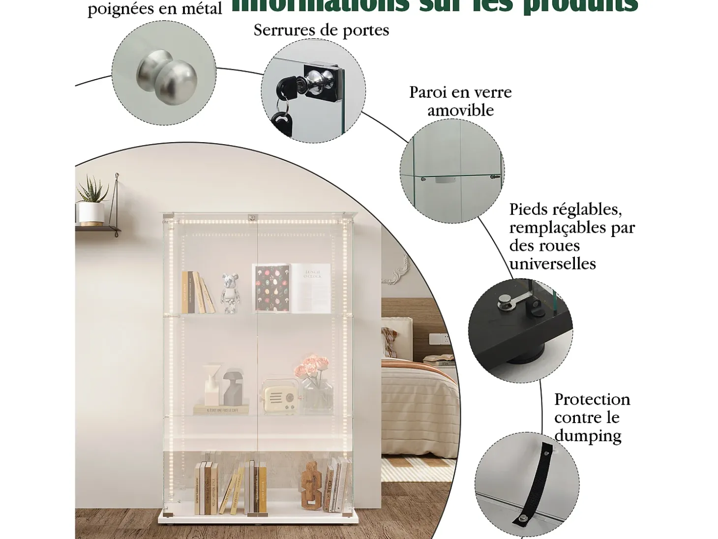 Vitrine com 4 prateleiras e portas duplas, vitrine para sala de estar