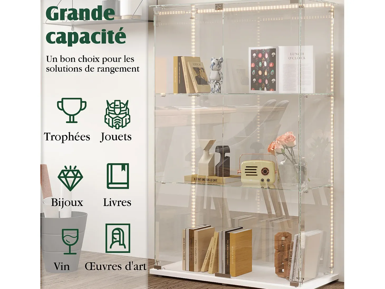 Vitrine com 4 prateleiras e portas duplas, vitrine para sala de estar