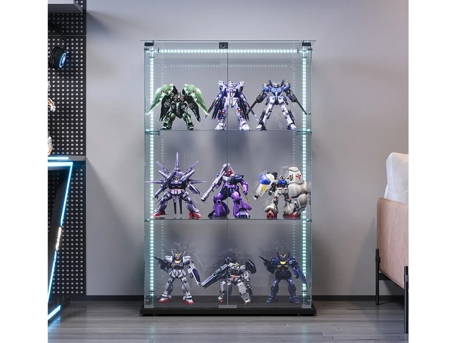 Vitrine com 4 prateleiras e portas duplas, vitrine para sala de estar