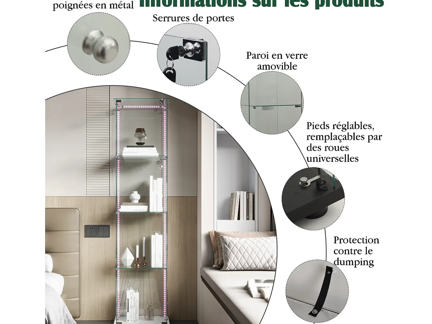 Vitrine com 5 prateleiras e portas duplas, vitrine para sala de estar