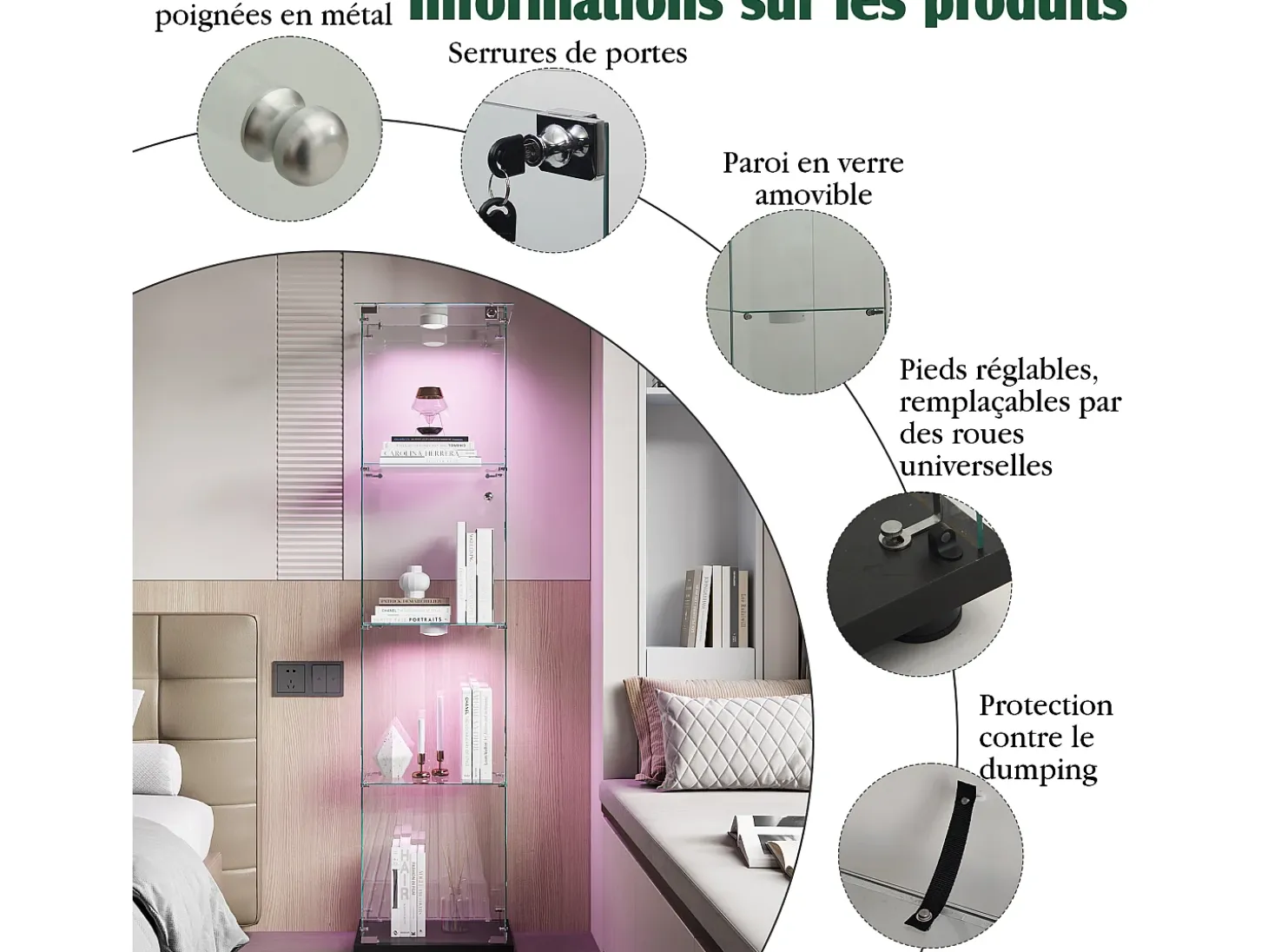 Vitrine com 5 prateleiras e portas duplas, vitrine para sala de estar