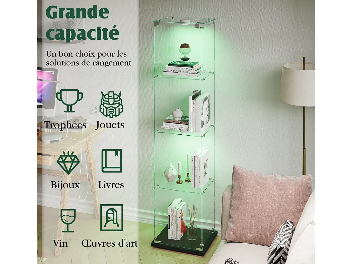 Vitrine com 5 prateleiras e portas duplas, vitrine para sala de estar