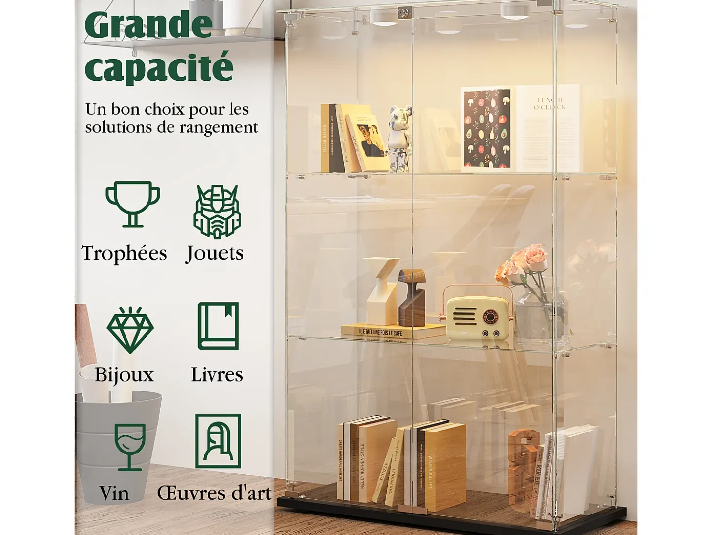 Vitrine com 4 prateleiras e portas duplas, vitrine para sala de estar