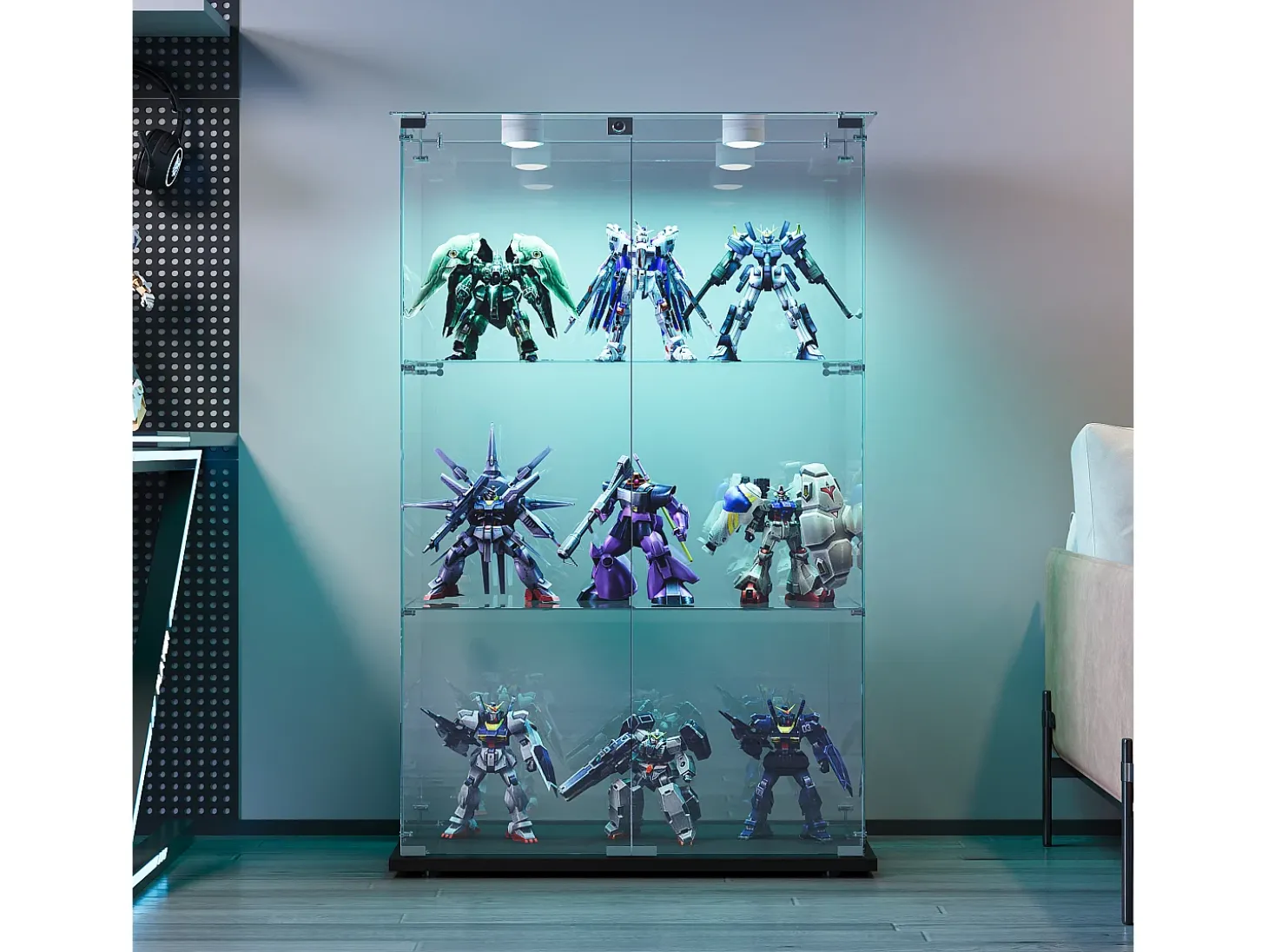 Vitrine com 4 prateleiras e portas duplas, vitrine para sala de estar