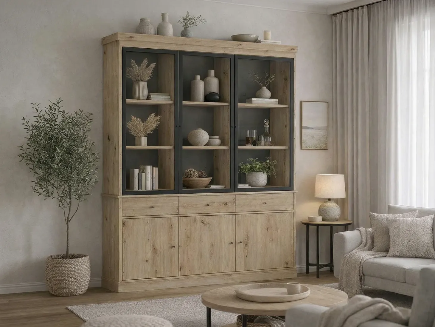 Vitrine com arrumação e LEDs - Natural e preto - MARSORIA