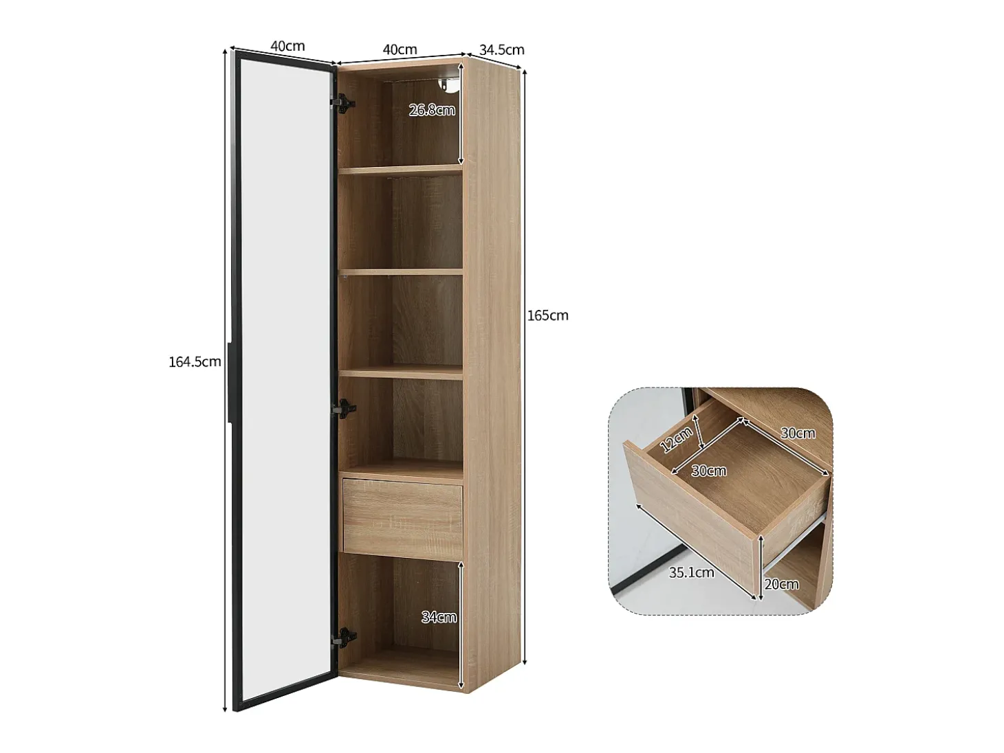Vitrine com faixa LED, porta de vidro e gaveta - Cor natural clara