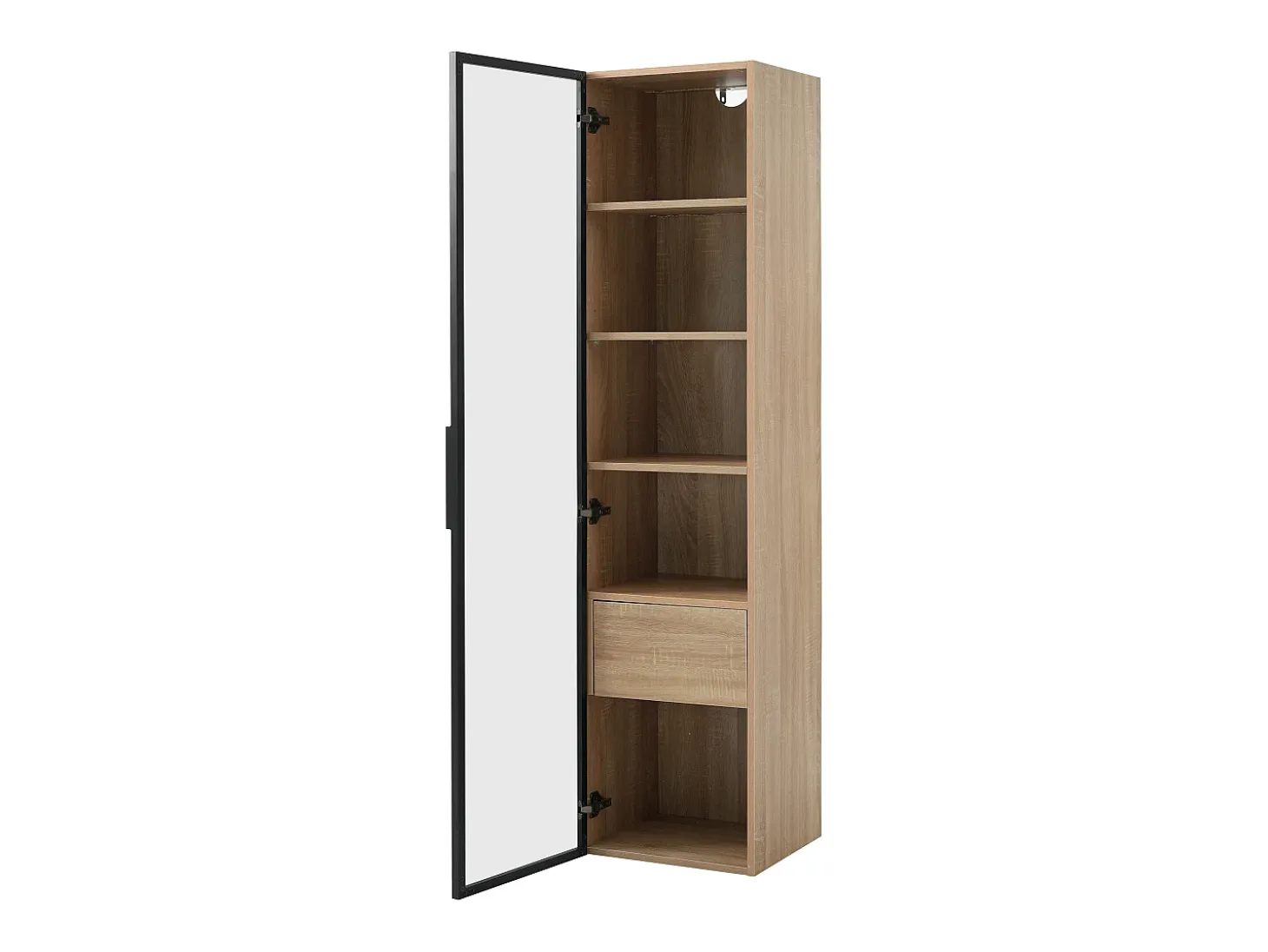 Vitrine com faixa LED, porta de vidro e gaveta - Cor natural clara