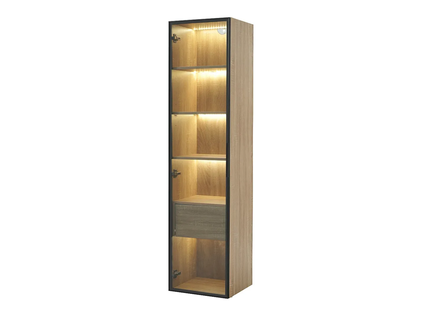 Vitrine com faixa LED, porta de vidro e gaveta - Cor natural clara