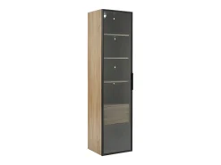 Vitrine com faixa LED, porta de vidro e gaveta - Cor natural clara