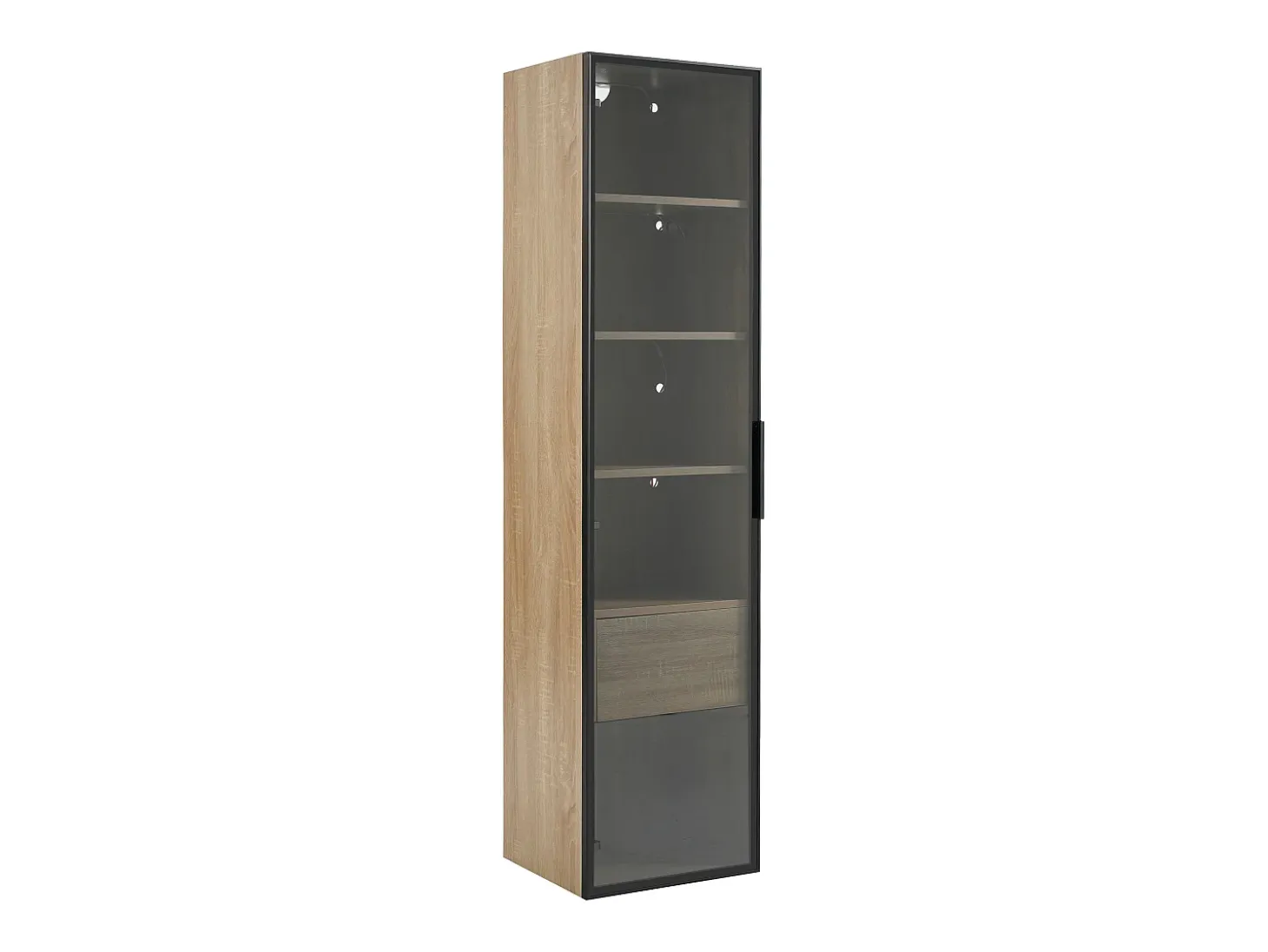 Vitrine com faixa LED, porta de vidro e gaveta - Cor natural clara