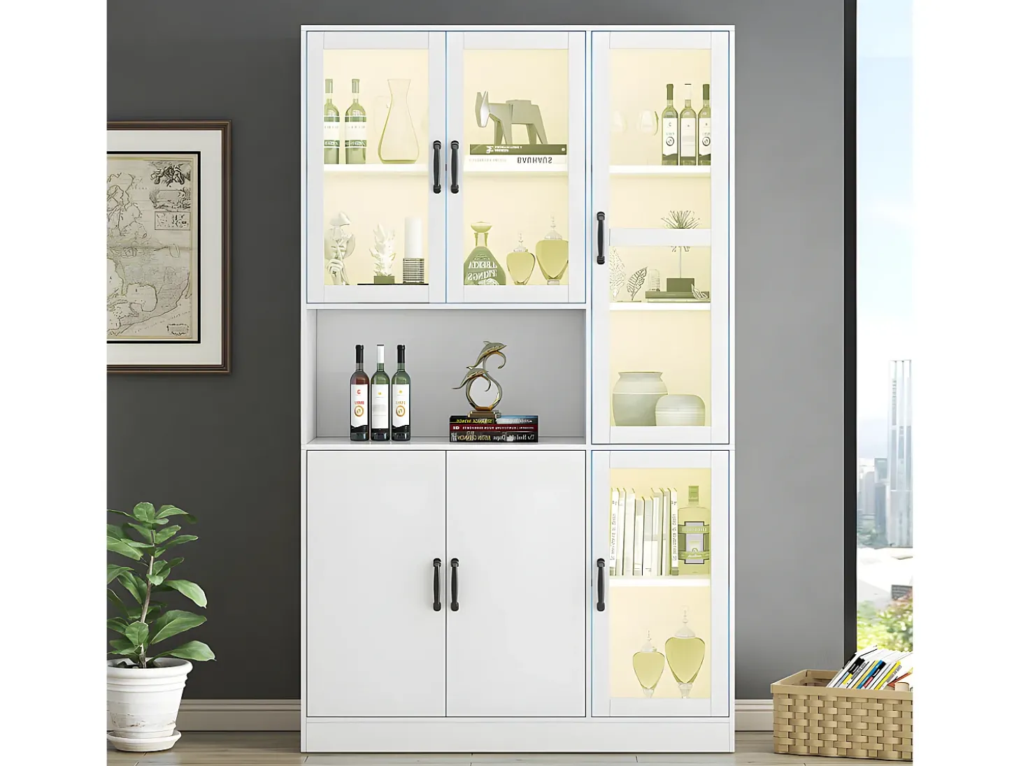 Vitrine com iluminação LED - prateleiras com 6 portas - A 200cm - Branco