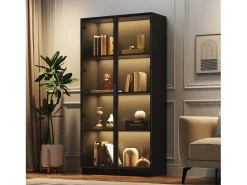 Vitrine com iluminação LED e 2 portas de vidro - Prateleiras ajustáveis - Preta