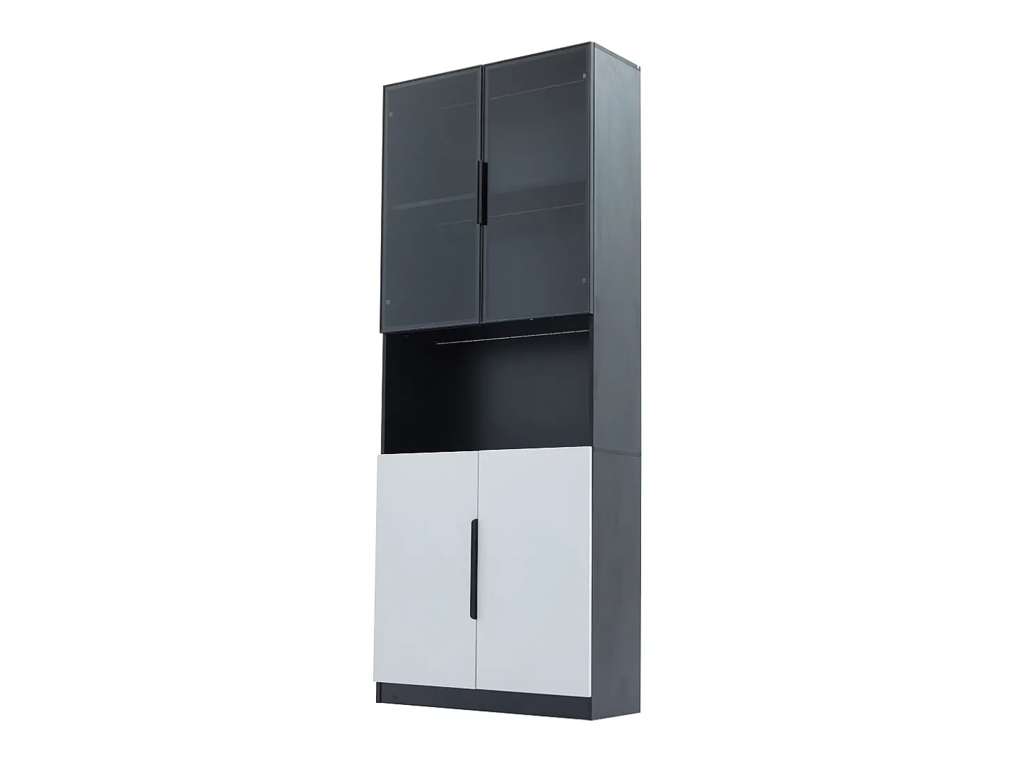 Vitrine com iluminação LED, 2 portas de vidro e 2 portas de madeira - Branco e preto