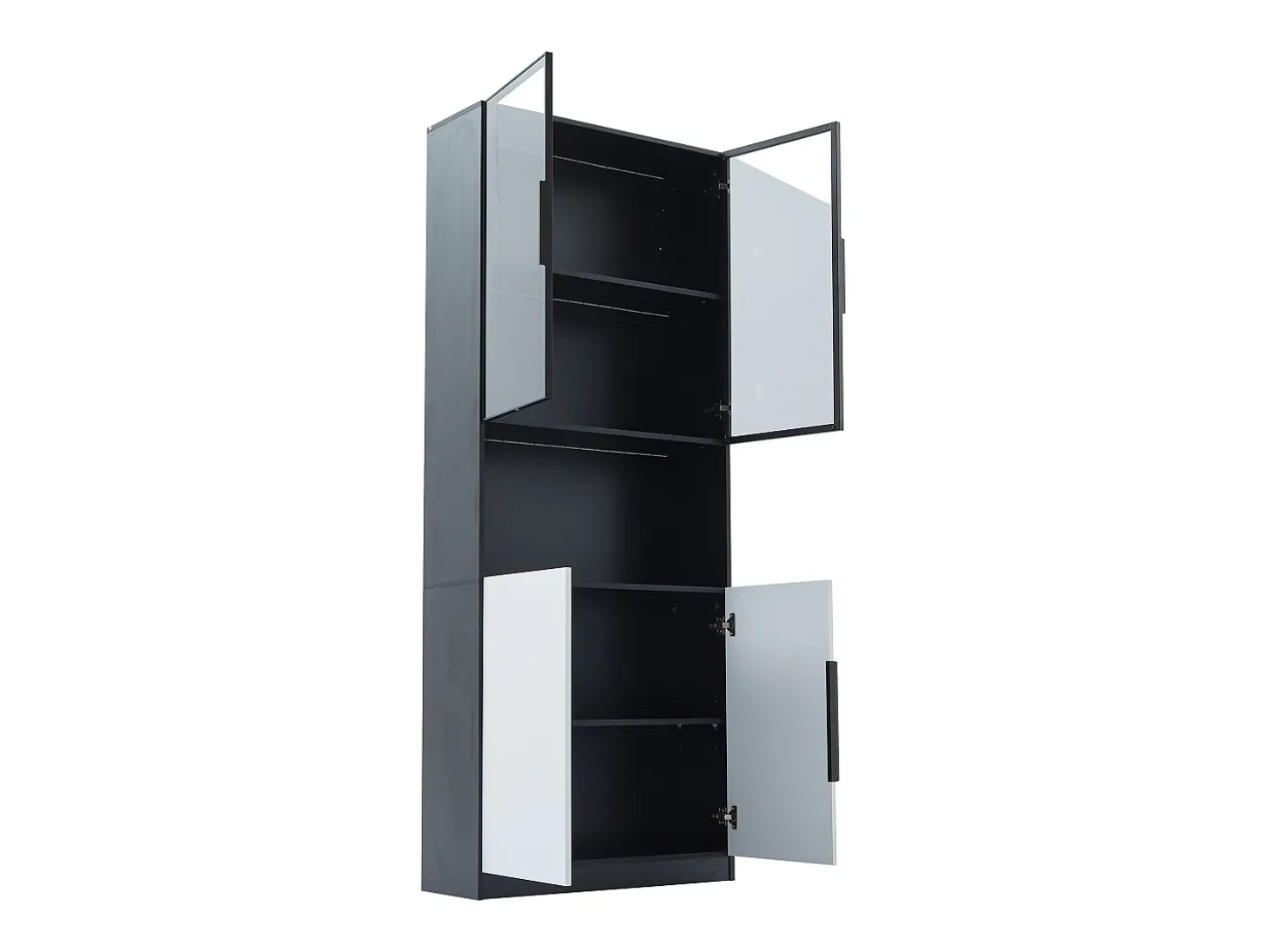 Vitrine com iluminação LED, 2 portas de vidro e 2 portas de madeira - Branco e preto