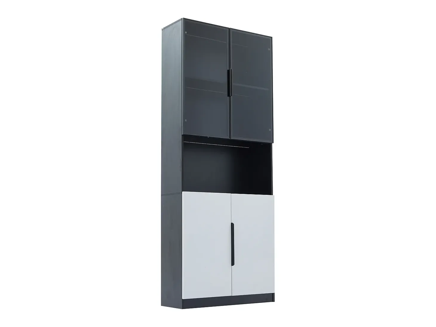 Vitrine com iluminação LED, 2 portas de vidro e 2 portas de madeira - Branco e preto