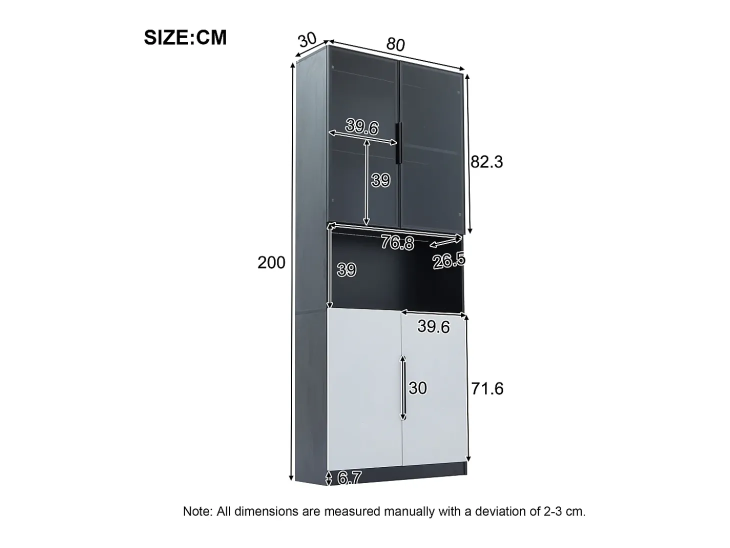 Vitrine com iluminação LED, 2 portas de vidro e 2 portas de madeira - Branco e preto