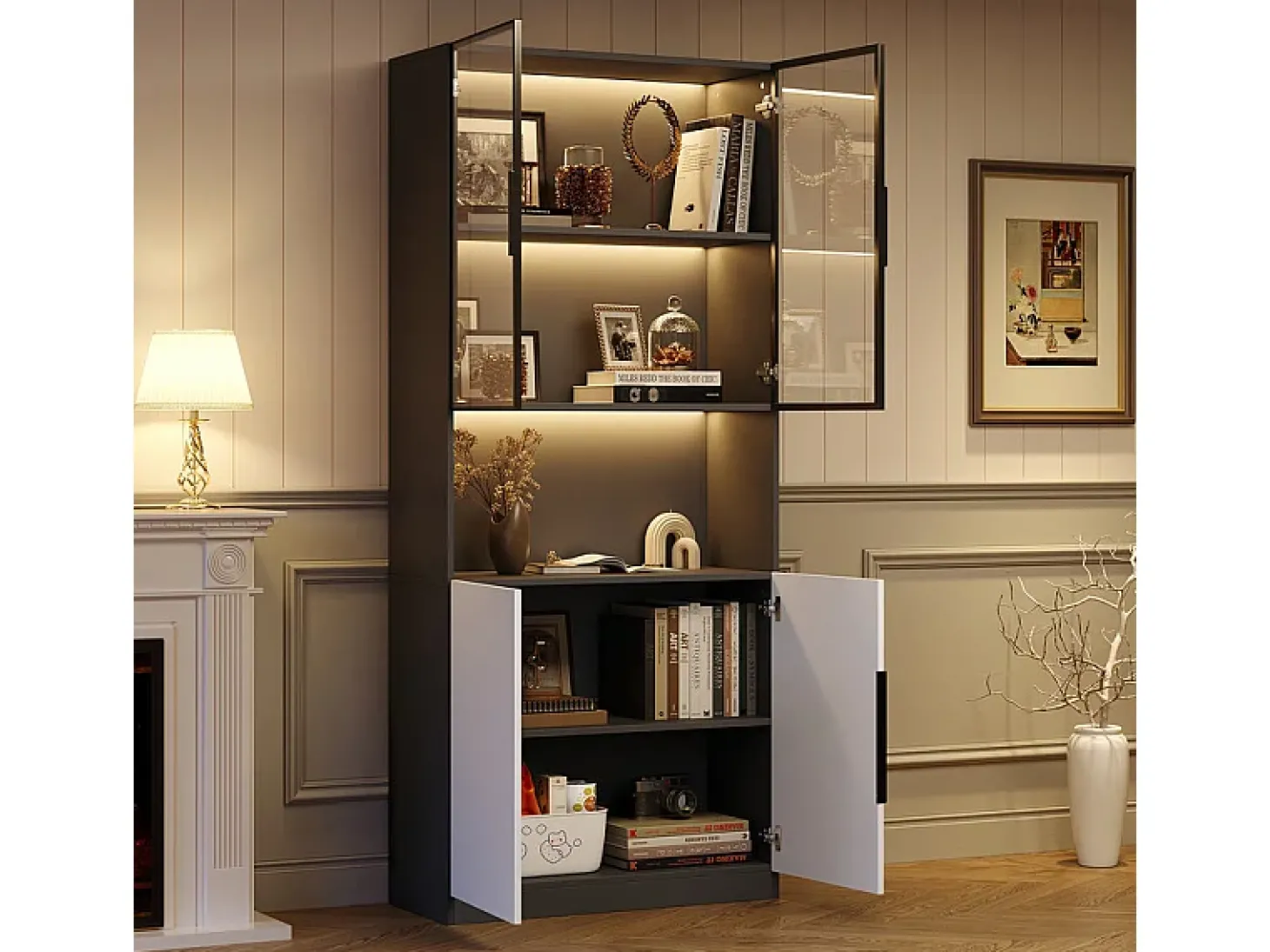 Vitrine com LED - 4 Portas + 1 Nicho - Anti-Queda - Cor e Brilho Ajustável 80x30x200cm