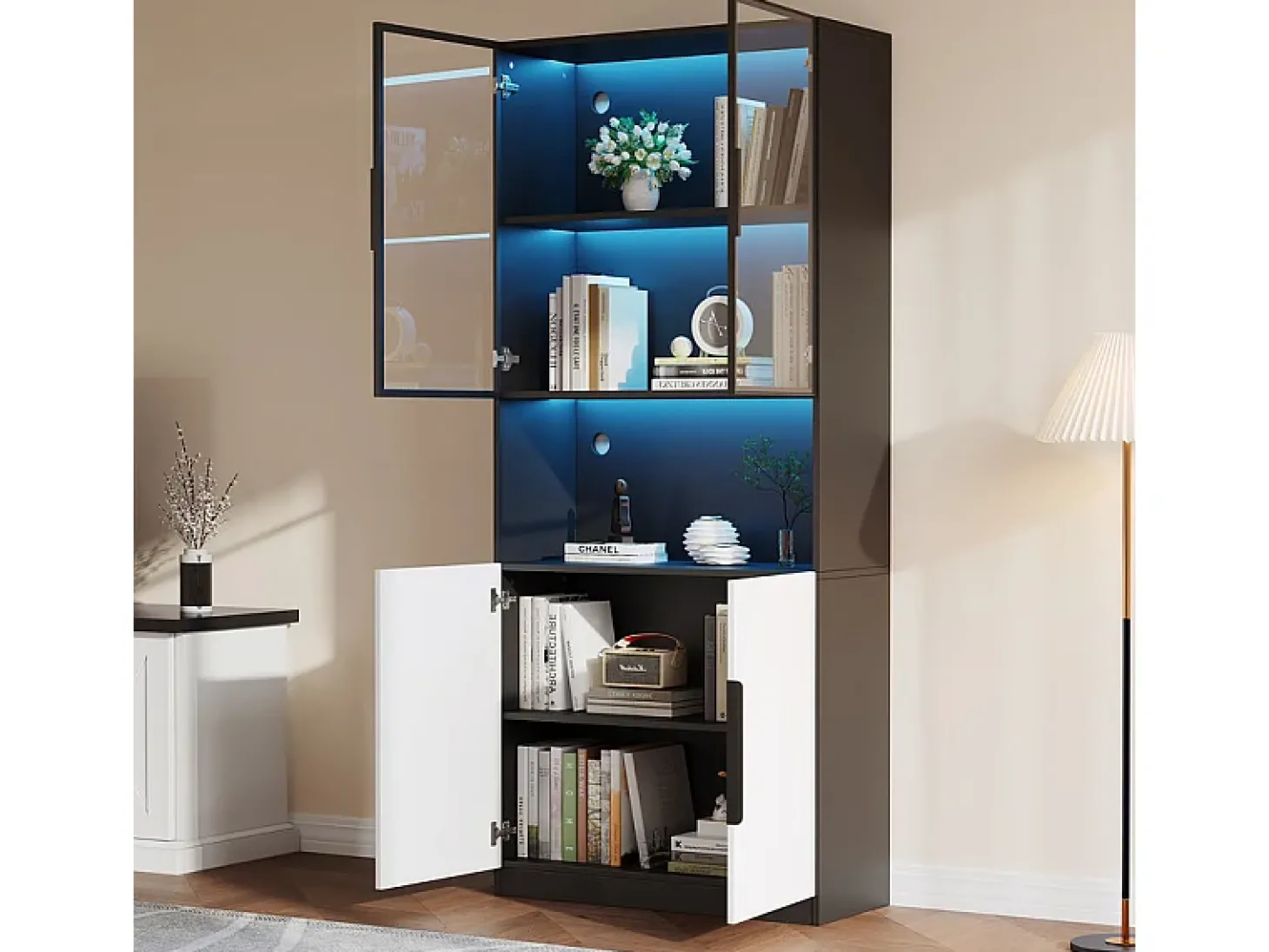 Vitrine com LED - 4 Portas + 1 Nicho - Anti-Queda - Cor e Brilho Ajustável 80x30x200cm