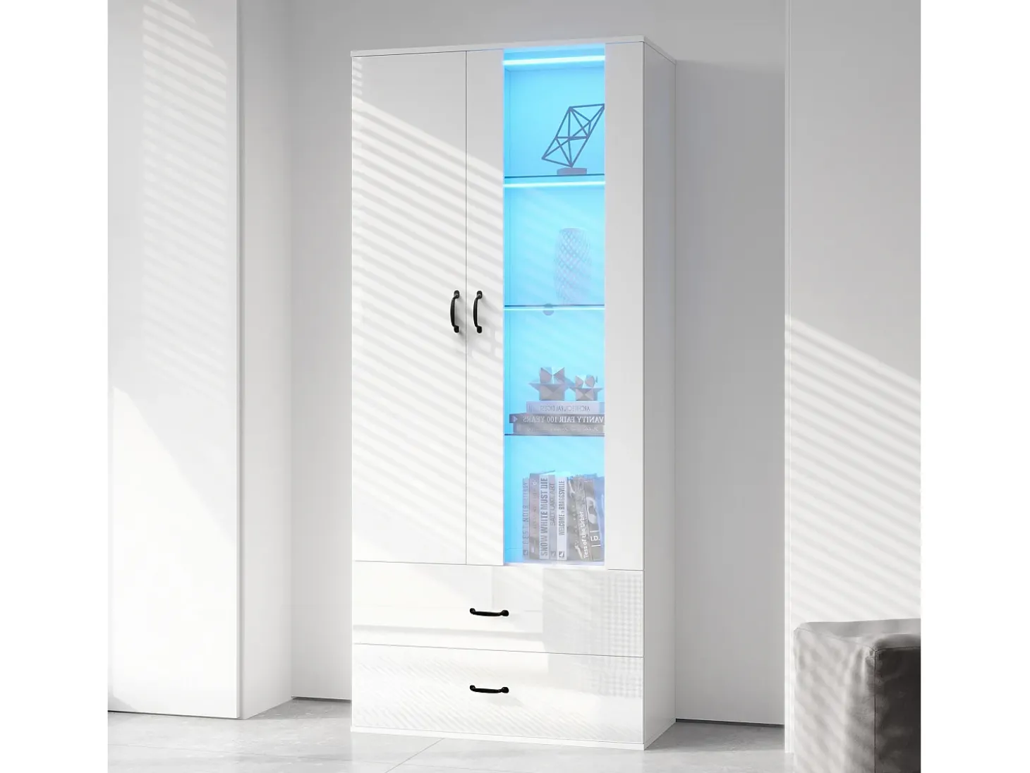 Vitrine com luzes LED de 16 cores, 2 gavetas e 2 portas, branca.